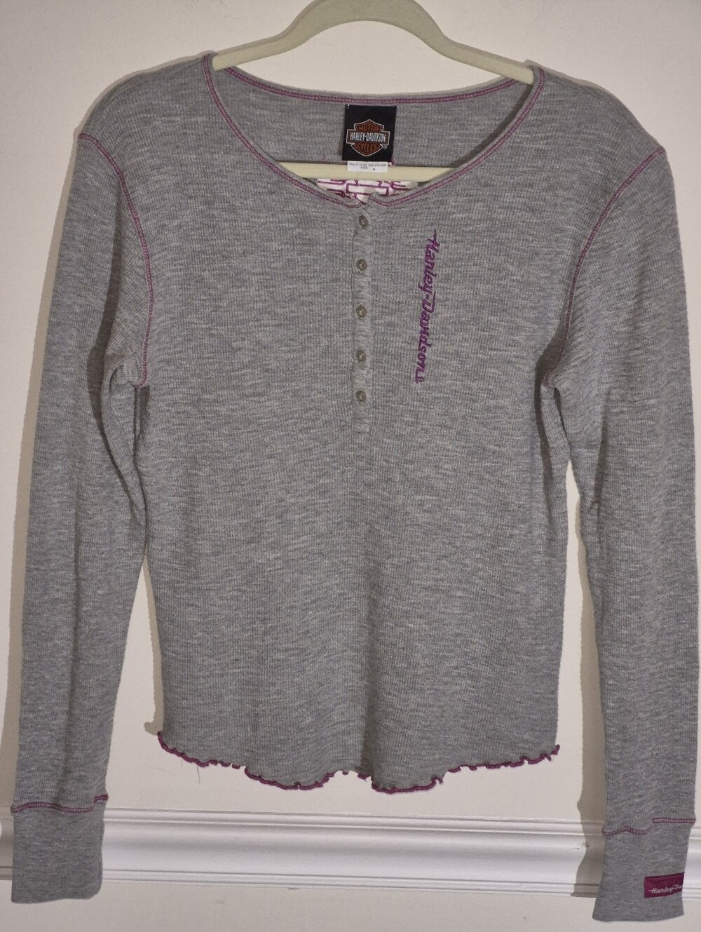 Women's Harley-Davidson Waffle Knit Henley with Rasberry Accent Stitching